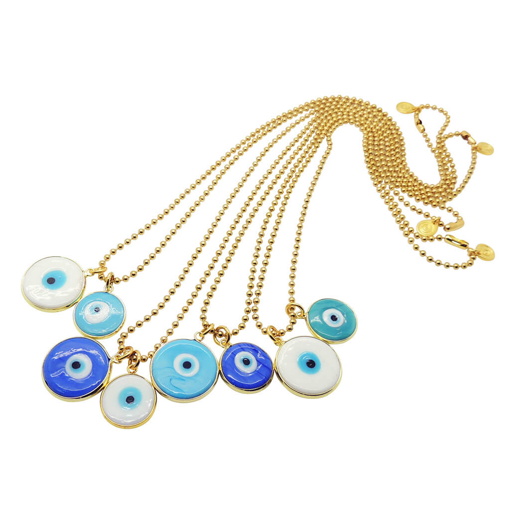 Dana Levy Evil Eye Disc Charm Duo Ball Chain Necklace - Trio of necklaces with mix of evil eye disc charm colours