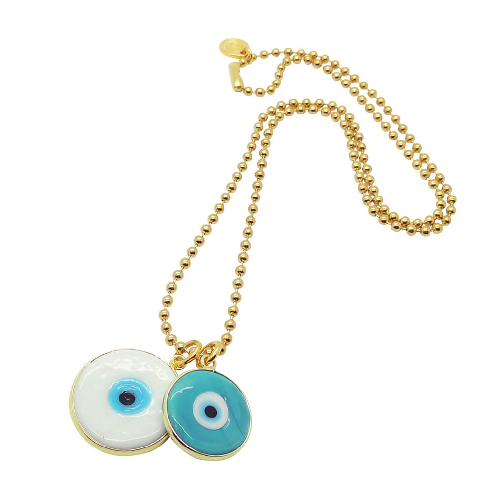 Dana Levy Evil Eye Disc Charm Duo Ball Chain Necklace - Opaque White and Opaque Teal Evil Eye Charms