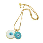 Dana Levy Evil Eye Disc Charm Duo Ball Chain Necklace - Opaque White and Opaque Teal Evil Eye Charms