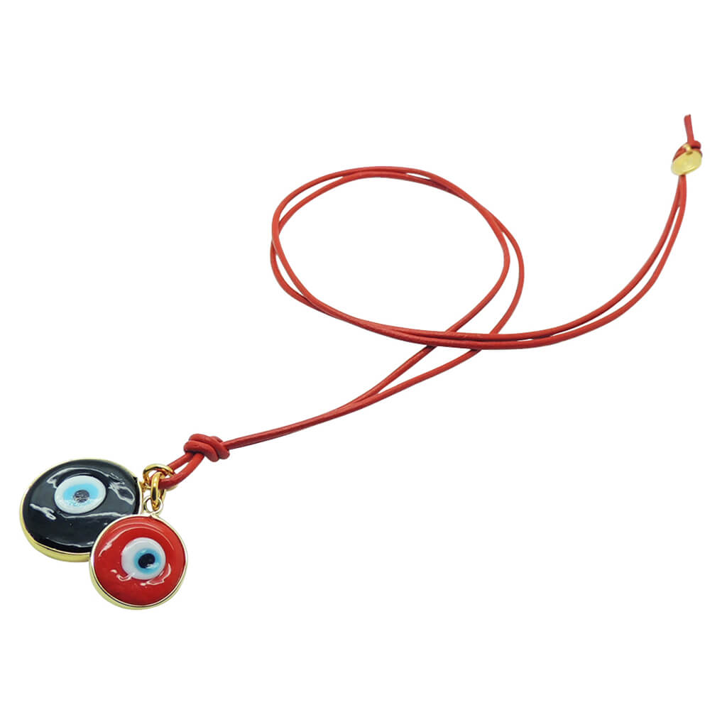 Dana Levy Evil Eye Disc Charm Duo Leather Cord Necklace with red leather cord, and large black glass evil eye disc and small red glass evil eye disc pendants