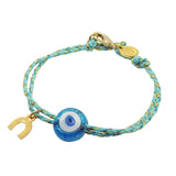 Dana Levy Evil Eye & Lucky Charm Duo Multicolour Braid Cord Bracelet - Transparent Turquoise Eye and Gold Horseshoe Charm. 