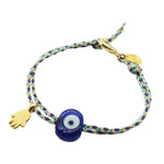 Dana Levy Evil Eye & Lucky Charm Duo Multicolour Braid Cord Bracelet - Transparent Royal Blue Eye and Gold Hamsa Hand Charm. 