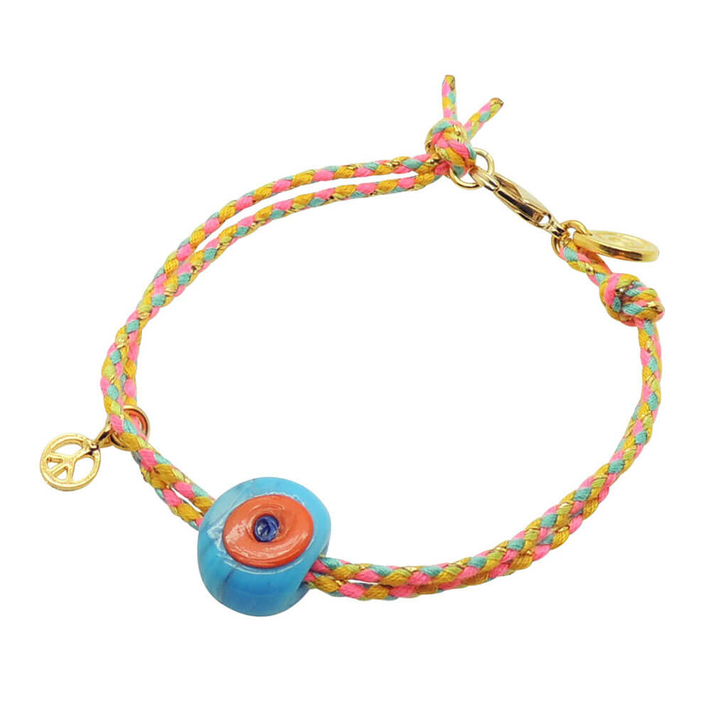 Dana Levy Evil Eye & Lucky Charm Duo Multicolour Braid Cord Bracelet -  Turquoise Orange Evil Eye and Gold Peace Symbol Charm. 