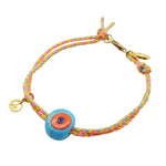 Dana Levy Evil Eye & Lucky Charm Duo Multicolour Braid Cord Bracelet -  Turquoise Orange Evil Eye and Gold Peace Symbol Charm. 