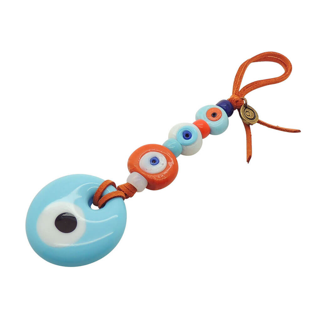 Dana Levy Glass Evil Eye Amulet Wall Hanging - Large opaque turquoise evil eye and orange white and turquoise small eyes on orange suedette cord. 