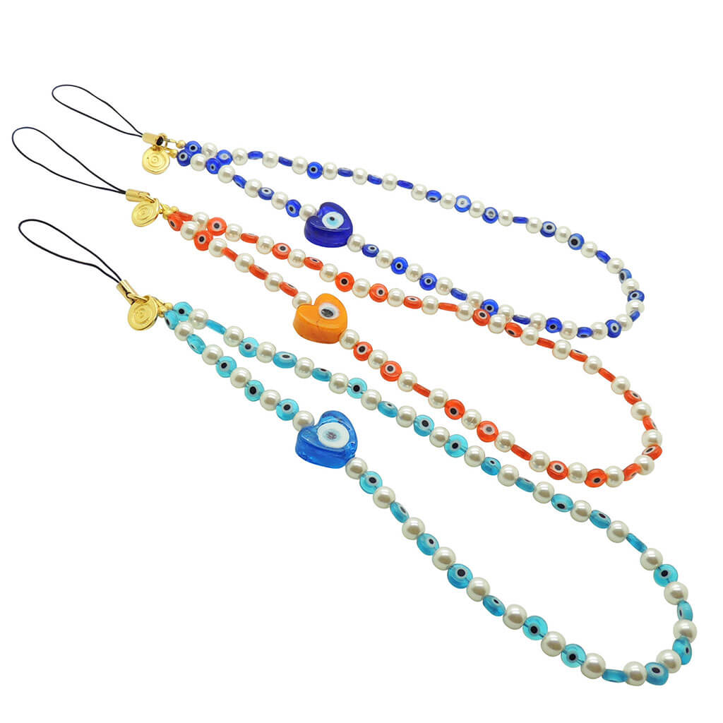 Dana Levy Glass Evil Eye Heart Faux Pearl Beaded Phone Wristlet Strap Trio - Turquoise Orange and Royal Blue Evil Eye Heart Charms