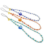 Dana Levy Glass Evil Eye Heart Faux Pearl Beaded Phone Wristlet Strap Trio - Turquoise Orange and Royal Blue Evil Eye Heart Charms