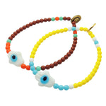 Dana Levy Glass Hamsa Hand Amulet Glass Bead Mix Bracelet - Pair of bracelets - Brown Aqua and Orange Glass Beads on one and Yellow White and Turquoise Beads. 