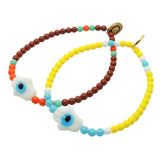 Dana Levy Glass Hamsa Hand Amulet Glass Bead Mix Bracelet - Pair of bracelets - Brown Aqua and Orange Glass Beads on one and Yellow White and Turquoise Beads. 