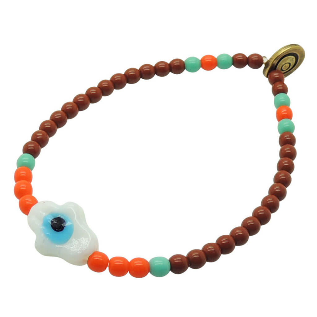 Dana Levy Glass Hamsa Hand Amulet Glass Bead Mix Bracelet - Brown Aqua and Orange Glass Beads. 