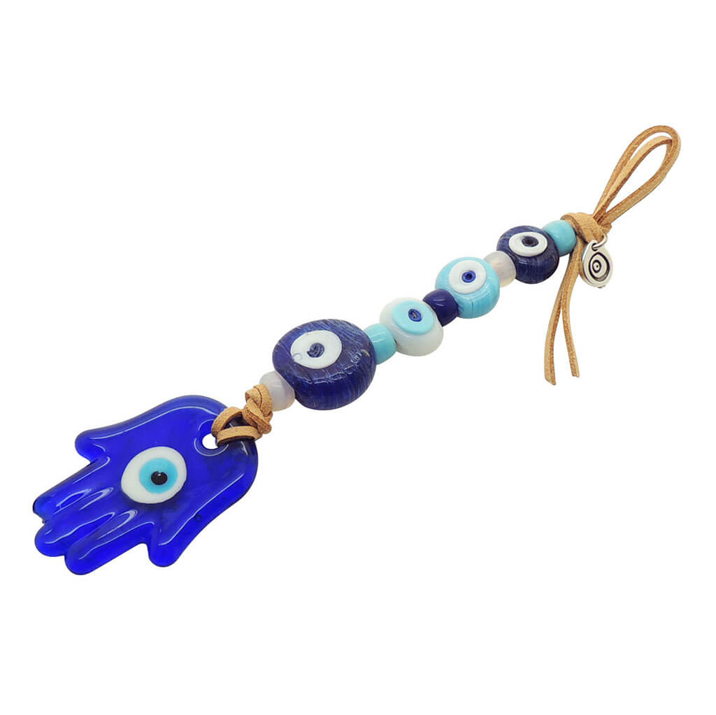 Dana Levy Hamsa Hand Talisman Wall Hanging in Royal Blue with White,  Turquoise, and Royal Blue evil eyes. 