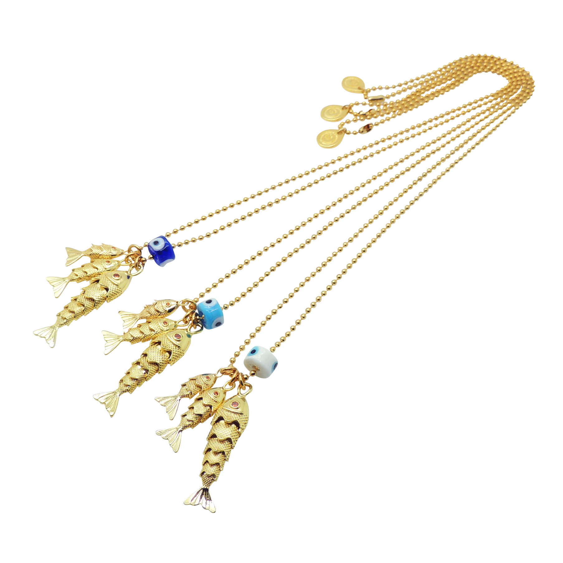 Dana Levy Goldfish Trio Charm Ball Chain Necklace - Trio of Necklaces With Royal Blue, Turquoise and White Evil Eye Charms.