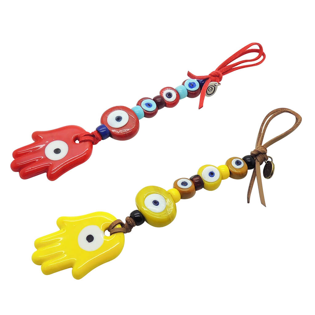 Dana Levy Hamsa Hand Talisman Wall Hanging Duo in Red and Yellow. 
