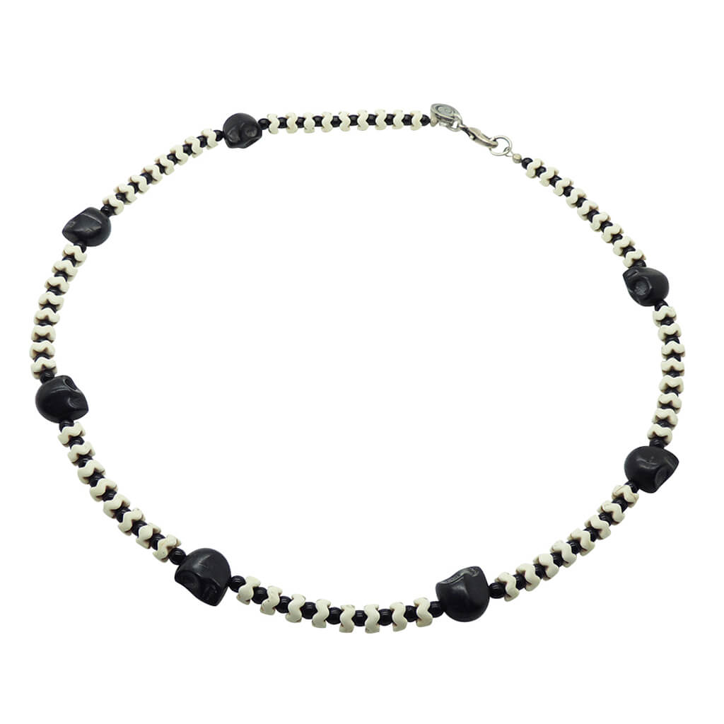Dana Levy Howlite Skull Charm Wave Beaded Necklace with Black Skull Charms, Ivory Howlite Wave Beads and Black Glass Beads. 
