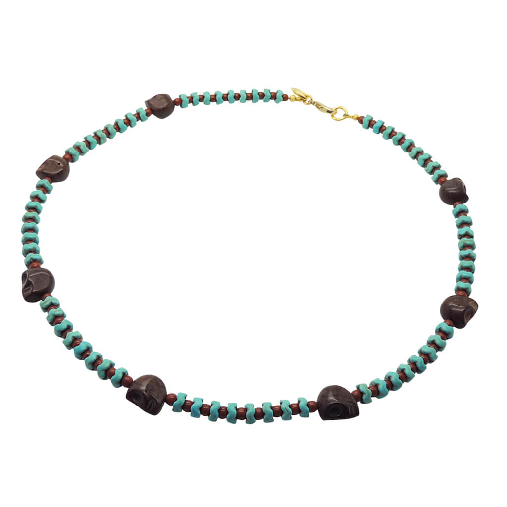 Dana Levy Howlite Skull Charm Wave Beaded Necklace with Brown Skull Charms, Turquoise Howlite Wave Beads and Brown Glass Beads. 