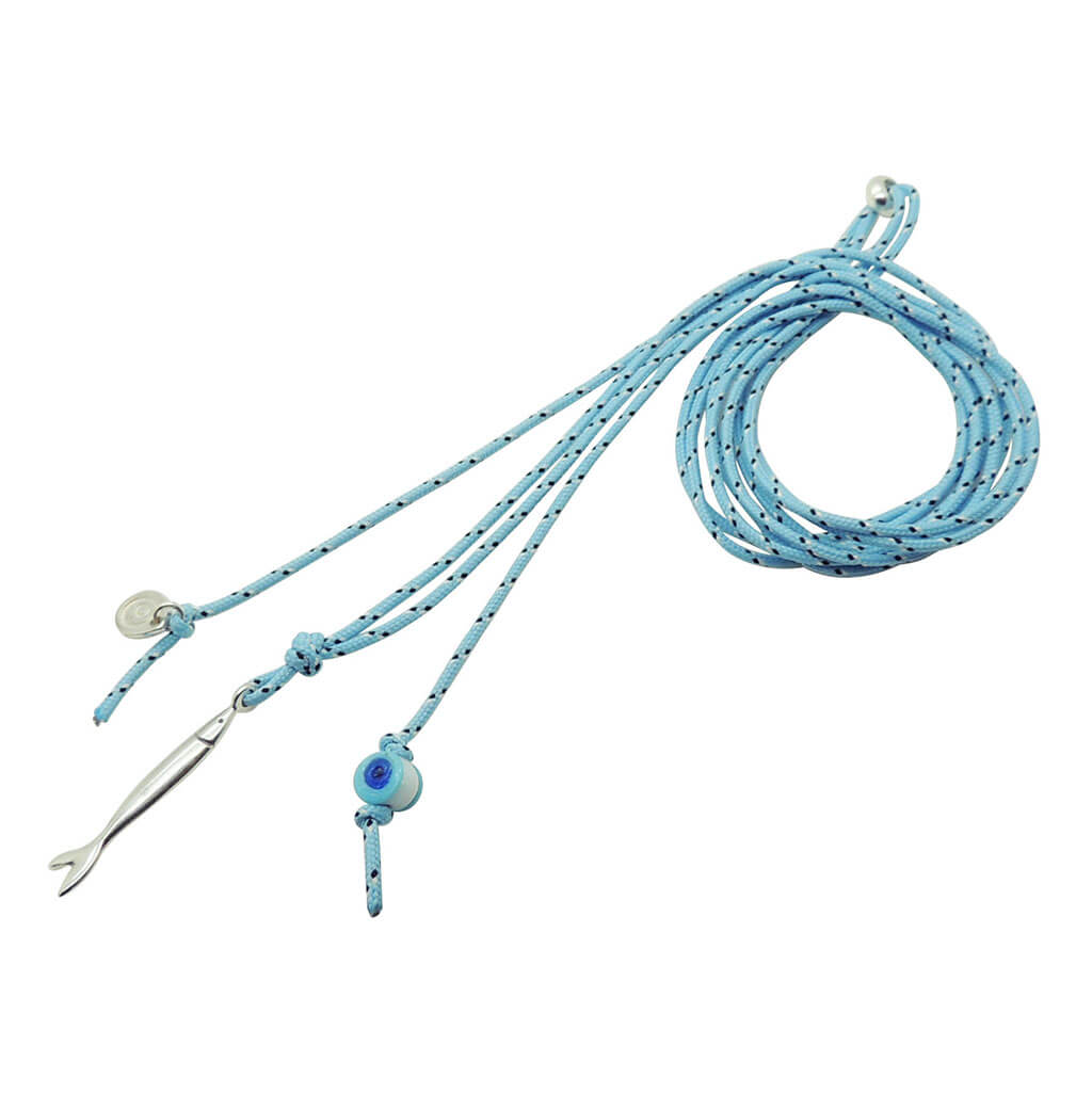 Dana Levy Lucky Catch Nautical Cord Necklace with an antique silver Fish and light blue nautical cord. 