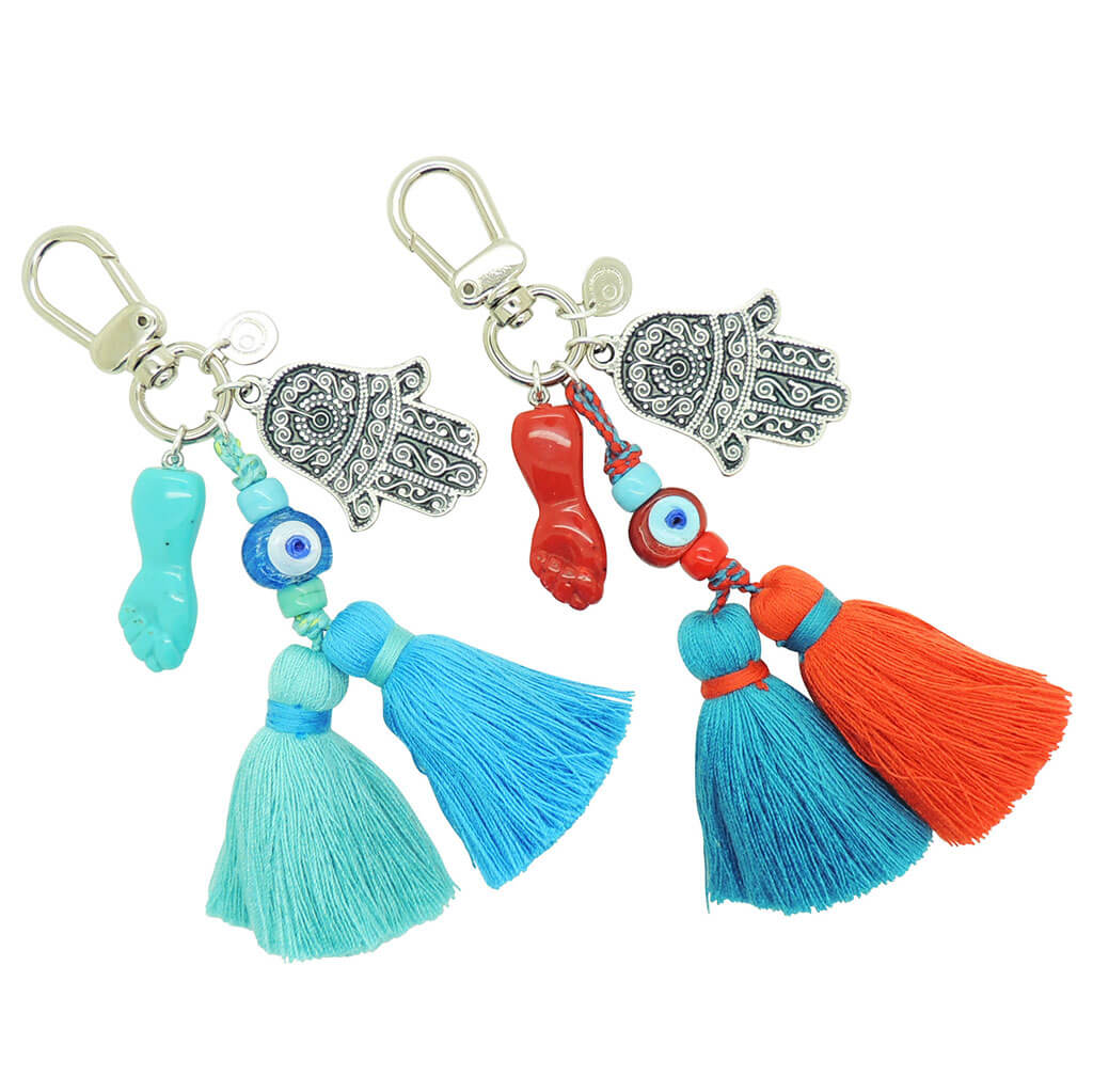 Dana Levy Mano Fico Hamsa Hand Evil Eye Trio Charm Tassel Bag Charms in Silver with Turquoise and Red Mano Fico Hands, Turquoise and Red Evil Eye Charms and Tassels. 