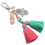 Dana Levy Mano Fico Hamsa Hand Evil Eye Trio Charm Tassel Bag Charm with a Light Pink Mano Fico Hand with Chain, Silver Hamsa Hand and Mint Green Evil Eye Charm 
