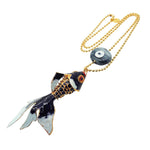 Dana Levy Maxi Enamel Fish & Evil Eye Charm Duo Ball Chain Necklace - Black Fish with Opaque Grey / Black Stripe Evil Eye Charm.