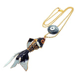 Dana Levy Maxi Enamel Fish & Evil Eye Charm Duo Ball Chain Necklace - Black Fish with Opaque Grey / Black Stripe Evil Eye Charm.