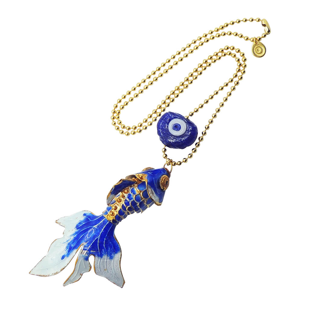 Dana Levy Maxi Enamel Fish & Evil Eye Charm Duo Ball Chain Necklace -  Royal Blue Fish with Transparent Navy Blue / White Evil Eye Charm.