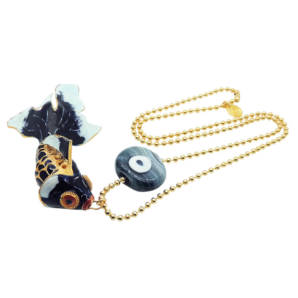 Dana Levy Maxi Enamel Fish & Evil Eye Charm Duo Ball Chain Necklace Front Detail - Black Fish with Opaque Grey / Black Stripe Evil Eye Charm.