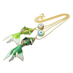 Dana Levy Maxi Enamel Fish & Evil Eye Charm Duo Ball Chain Necklaces Duo - Lime Green Fish & Emerald Green Cloisonne Fish with Transparent Rainbow Stripe Mix Glass Evil Eye Charms. 