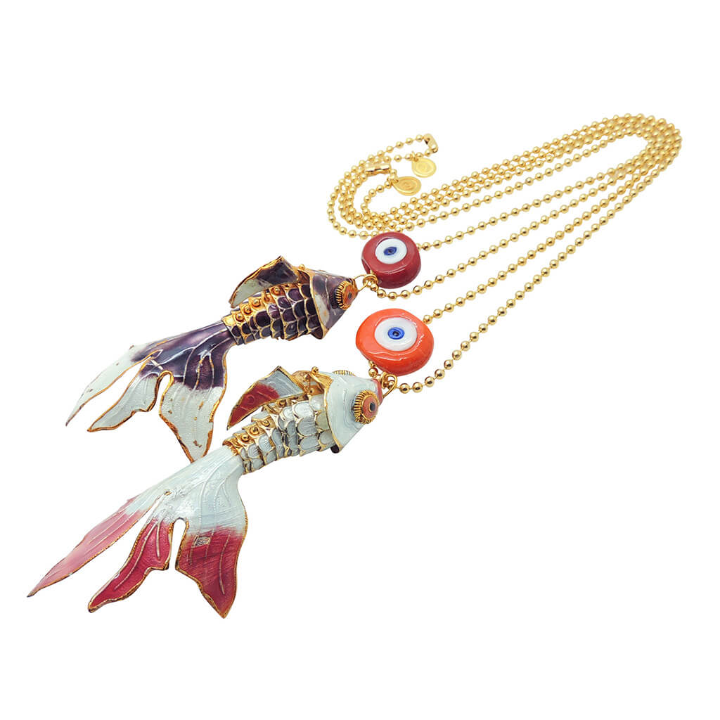 Dana Levy Maxi Enamel Fish & Evil Eye Charm Duo Ball Chain Necklace Duo - Purple Fish with Opaque Red Glass Evil Eye Charm and White Fish with Opaque Orange Evil Eye Charm. 