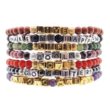 Dana Levy Mini Metallic Alphabet Cube Personalised Name Gemstone Bead Bracelet - Group Stack of Mix Gemstones and Names. 