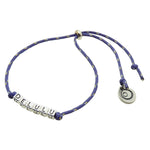 Dana Levy Mini Metallic Personalised Alphabet Cube Nautical Cord Bracelet - Antique Silver Delulu on Purple Nautical Cord Bracelet.