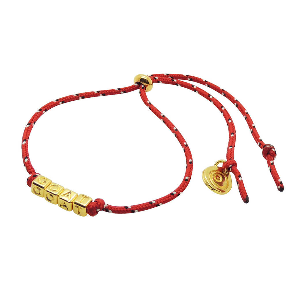 Dana Levy Mini Metallic Personalised Alphabet Cube Nautical Cord Bracelet - Gold Plated Goat on Red Nautical Cord Bracelet.