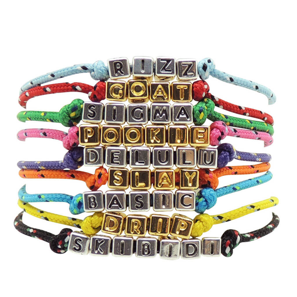 Dana Levy Mini Metallic Personalised Alphabet Cube Nautical Cord Bracelet - Group Stack.