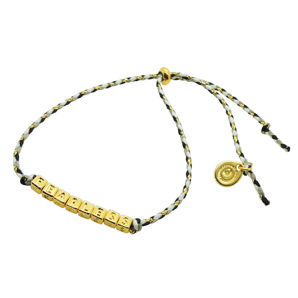 Dana Levy Mini Midas Alphabet Cube Personalised Multicolour Braid Cord Bracelet - Fearless with White/Black/Grey Cord. 