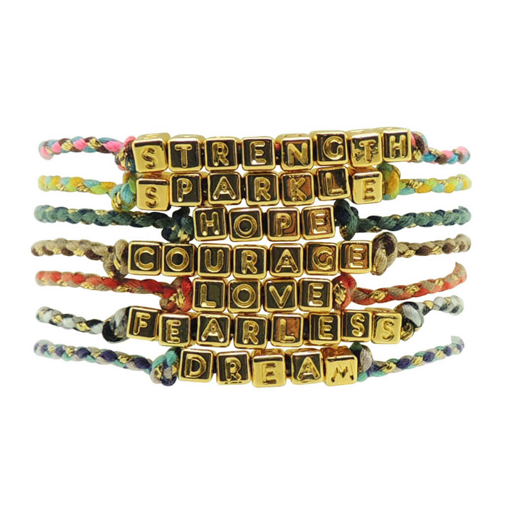 Dana Levy Mini Midas Alphabet Cube Personalised Multicolour Braid Cord Bracelet - Group Stack.