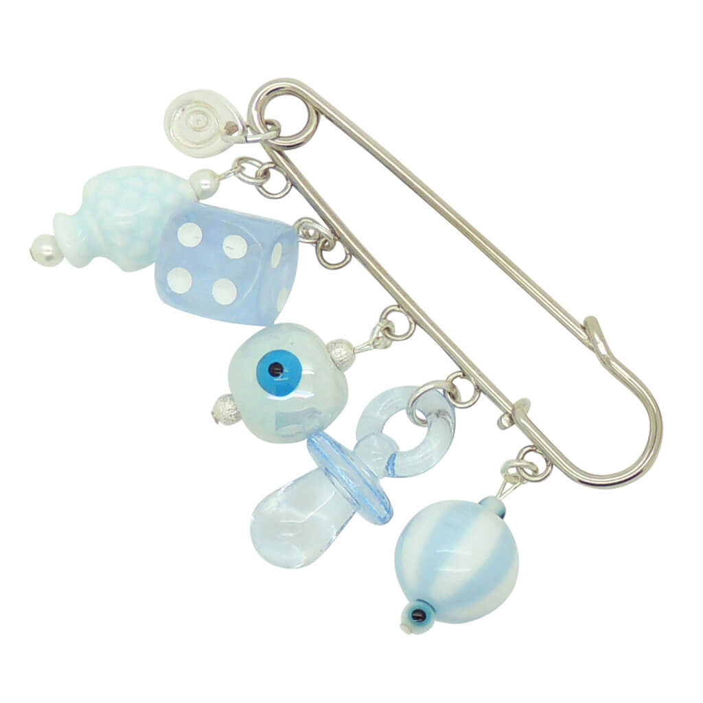 Dana Levy Newborn Lucky Number Five Charm Brooch - Silver Plated Brooch with Baby Blue Charms