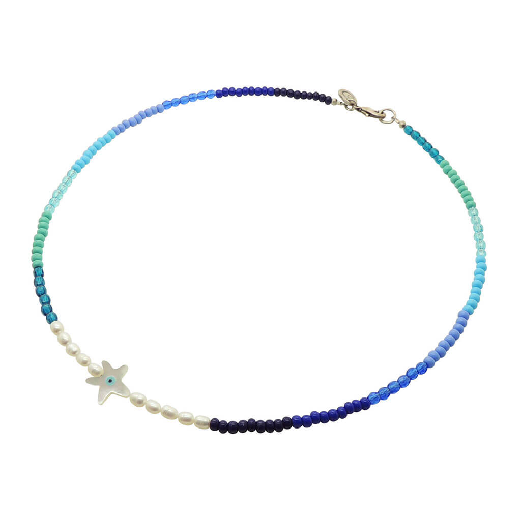 Dana Levy Ocean Pearl Amulet Bead Necklace  with a mother of pearl starfish charm with evil eye. 