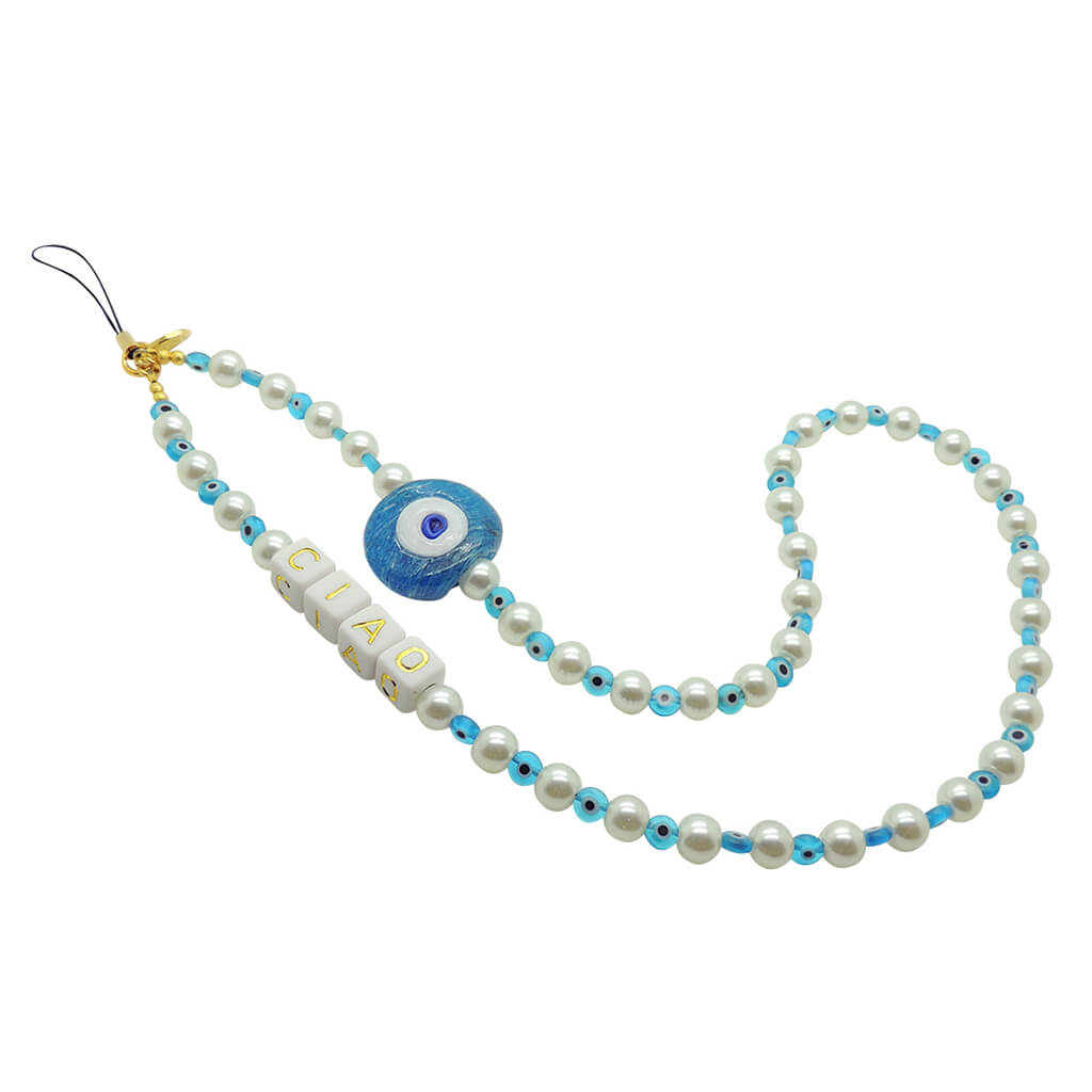 Dana Levy Maxi Personalised Evil Eye Faux Pearl Bead Phone Strap with Turquoise Evil Eyes and Ciao Text in Letter Cubes. 
