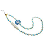 Dana Levy Maxi Personalised Evil Eye Faux Pearl Bead Phone Strap with Turquoise Evil Eyes and Ciao Text in Letter Cubes. 