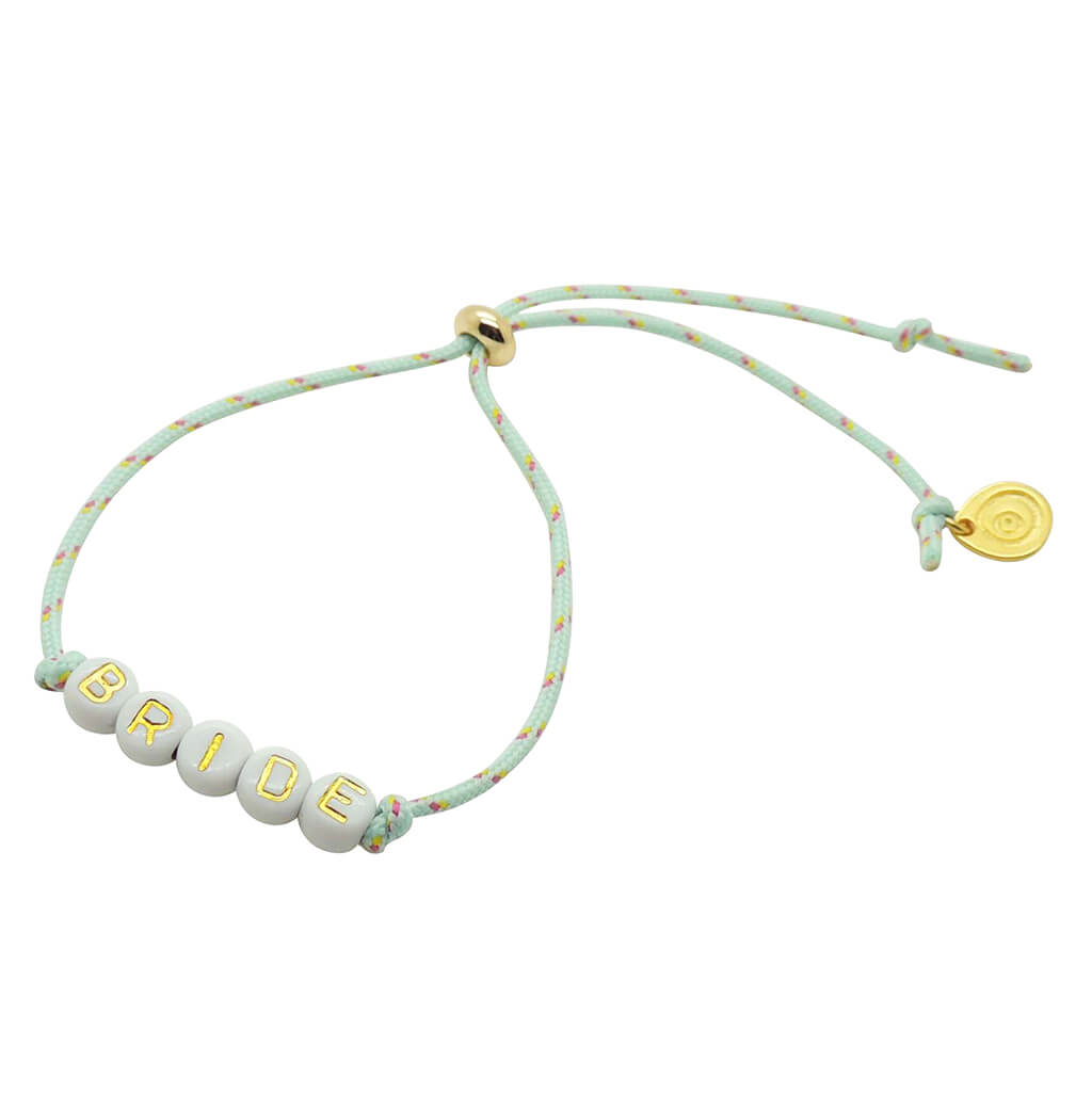 Dana Levy Personalised Name Alphabet Bead Mini Nautical Cord Bracelet - Bride with Mint Green Cord.