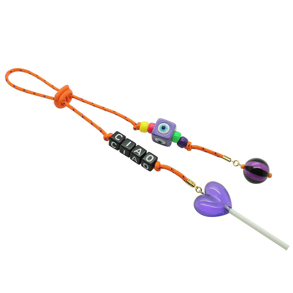 Dana Levy Personalised Name Candy Mix Bag Charm Ciao on Orange Cord Purple Lollipop and Purple Evil Eye Charms