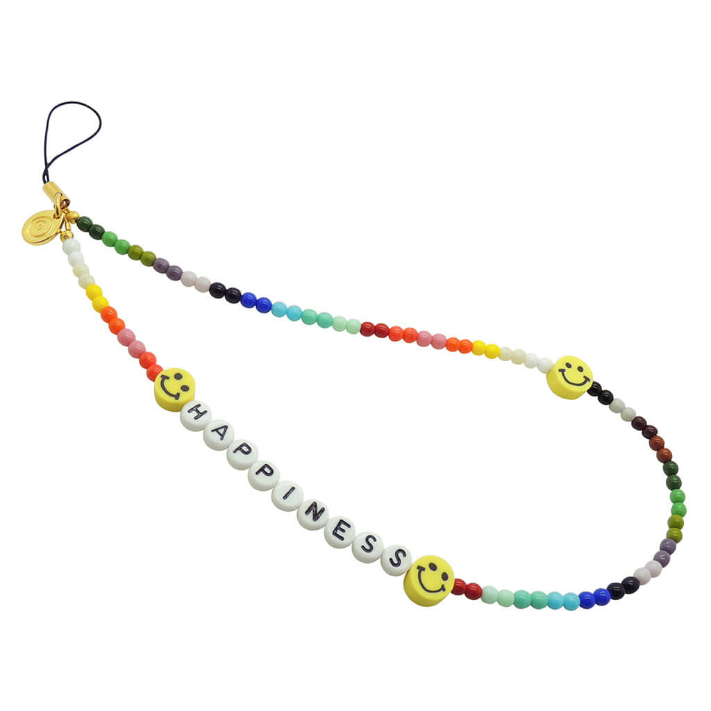 Dana Levy Personalised Name Rainbow Glass Bead Phone Wristlet Strap that reads Happiness with Yellow Smiley Charms.