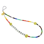 Dana Levy Personalised Name Rainbow Glass Bead Phone Wristlet Strap that reads Happiness with Yellow Smiley Charms.