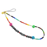 Dana Levy Personalised Name Rainbow Glass Bead Phone Wristlet Strap that reads Spill the Tea with Multicolour Smiley Charms. 