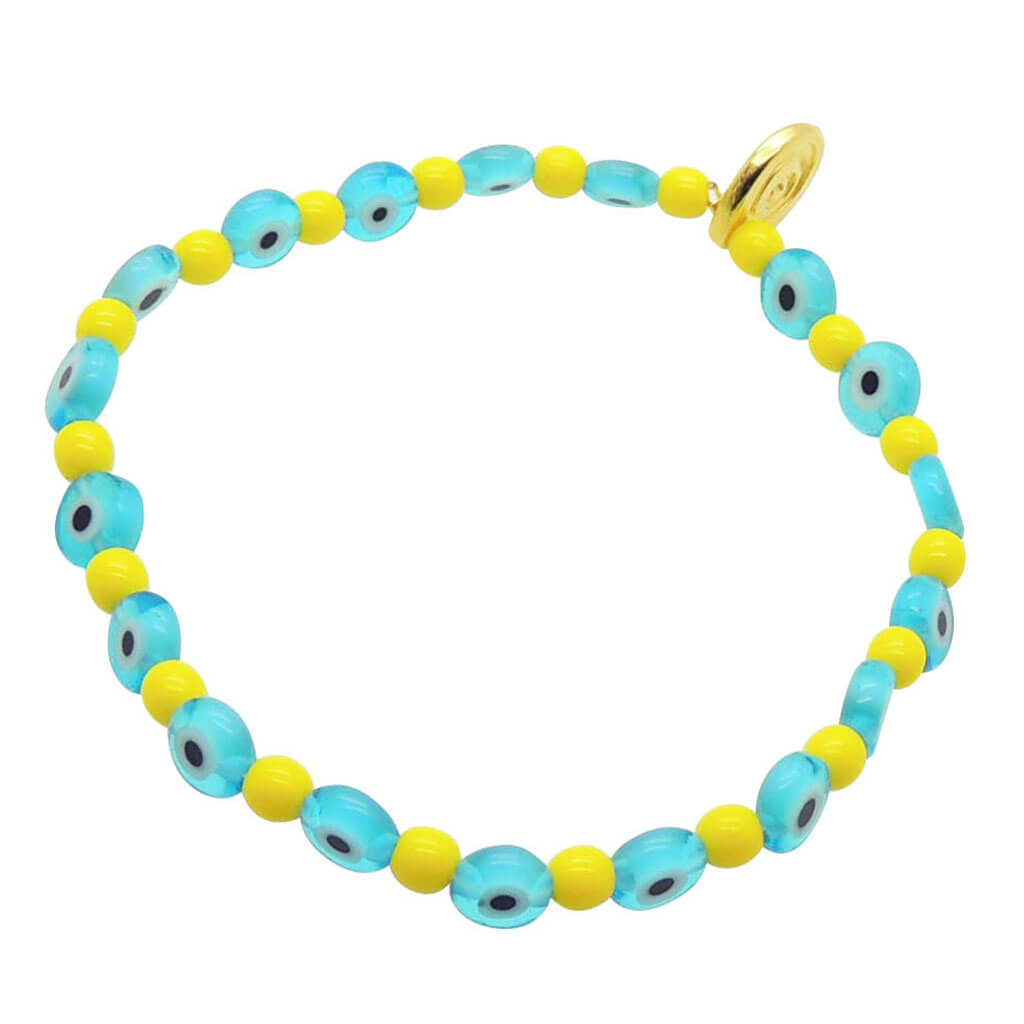 Dana Levy Petite Glass Evil Eye Charm Bead Bracelet with transparent turquoise evil eye charms and yellow beads. 