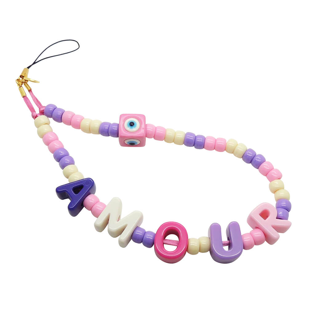 Dana Levy Playful Maxi Personalised Alphabet Phone Charm Strap - Amour with Creme, Baby Pink and Lilac Purple Candy Beads and Pink Evil Eye Cube. 
