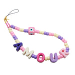 Dana Levy Playful Maxi Personalised Alphabet Phone Charm Strap - Amour with Creme, Baby Pink and Lilac Purple Candy Beads and Pink Evil Eye Cube. 