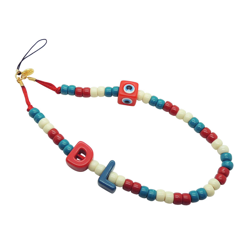 Dana Levy Playful Maxi Personalised Alphabet Phone Charm Strap in Teal Creme and Cranberry Red With Red Evil Eye.
