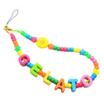 Dana Levy Playful Maxi Personalised Alphabet Phone Charm Strap - Gelato With Neon Colour Mix and Yellow Smiley Flower Charm. 