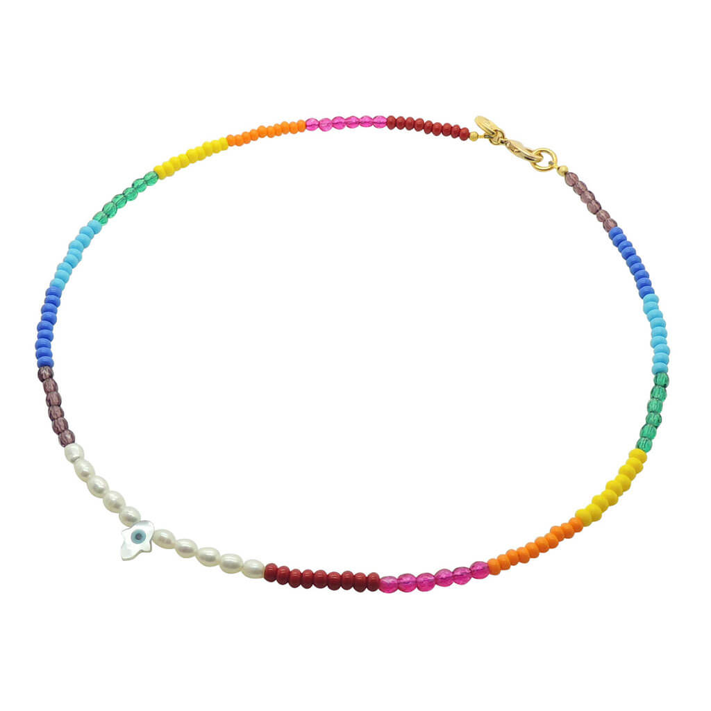 Dana Levy Rainbow Pearl Amulet Bead Necklace - Mother of Pearl Evil Eye Hamsa Hand Charm.
