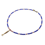 Dana Levy Sardine Stripes Glass Bead Necklace - Antique Gold Royal Blue White Red Glass Beads. 
